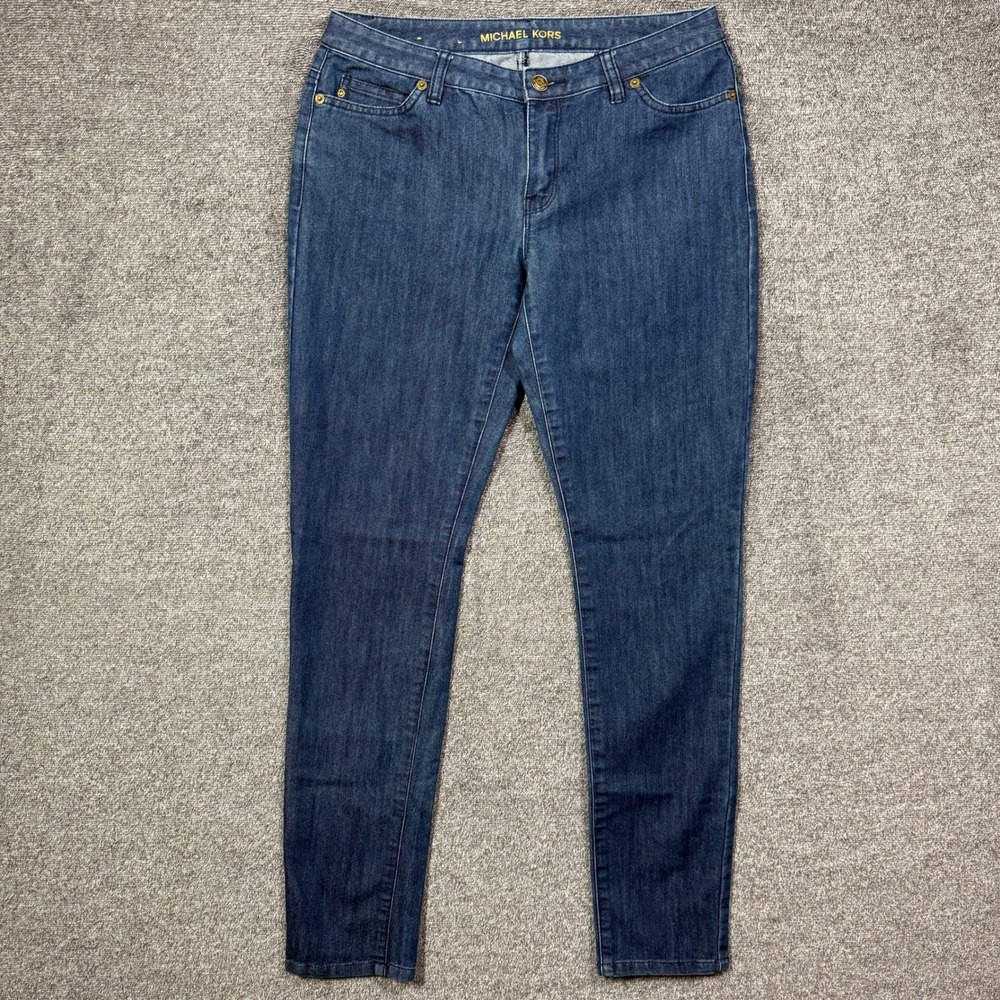 Michael Kors Womens Dark Wash Skinny Jeans Blue Denim Gold Logo‎ Size 6